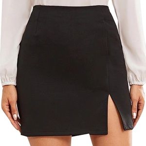 black mini skirt with slit in front and zipper on back